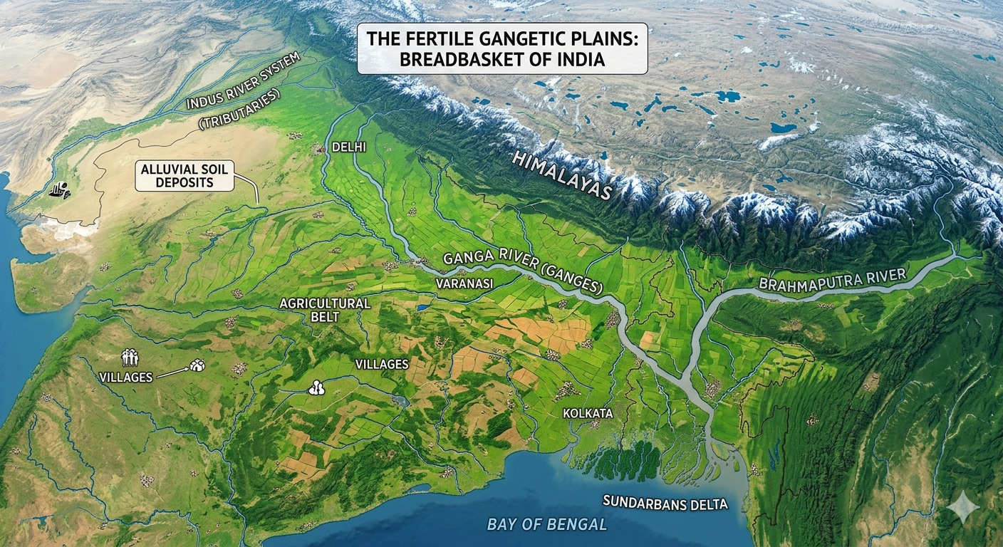 Fertile Gangetic plains India green fields rivers Ganga Indus Brahmaputra aerial view