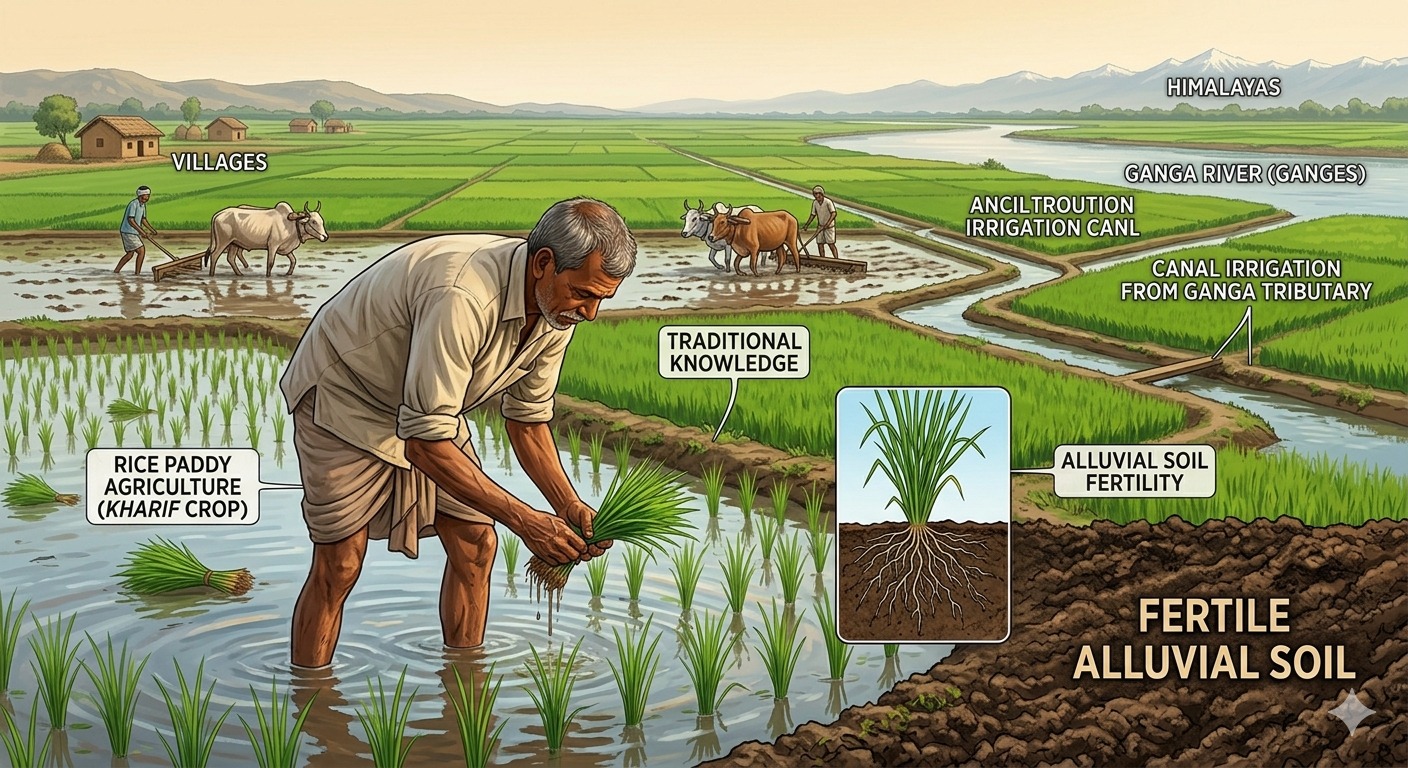 Indian farmer paddy fields northern plains Ganga river fertile alluvial soil agriculture
