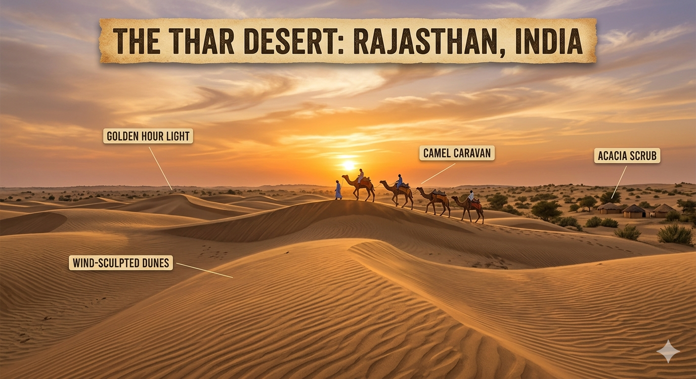 Thar Desert Rajasthan India sand dunes camel desert landscape golden sunset