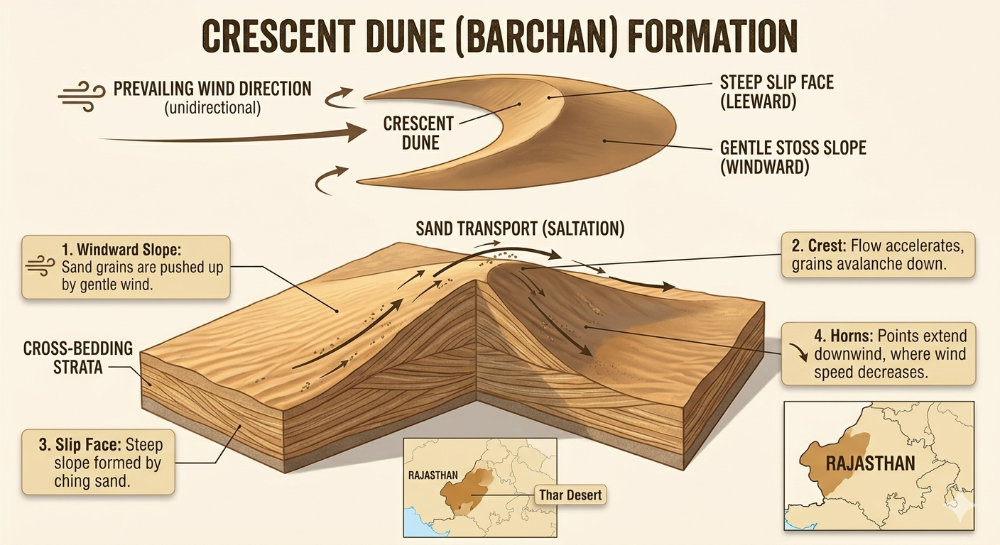 Sand dune crescent shape wind formation Rajasthan desert India educational diagram