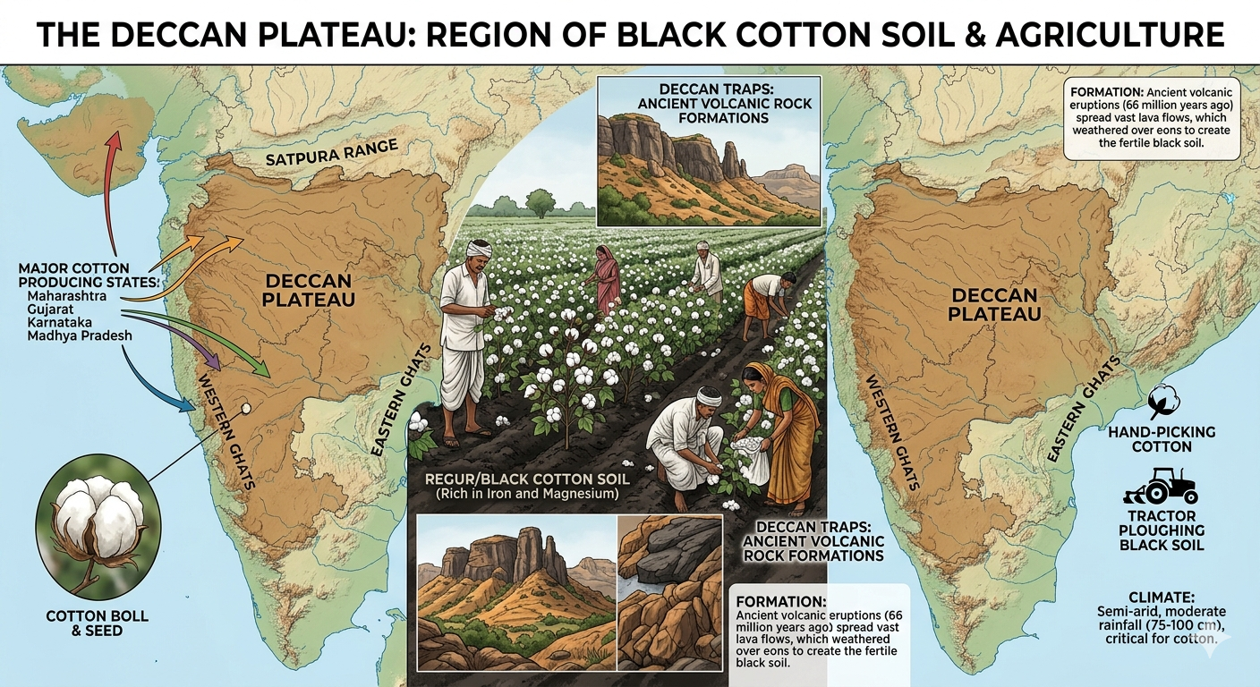 Deccan Plateau India black soil cotton fields rocky terrain educational illustration