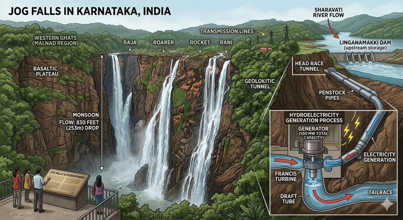 Jog Falls Karnataka plateau waterfall hydroelectricity turbines dramatic educational illustration