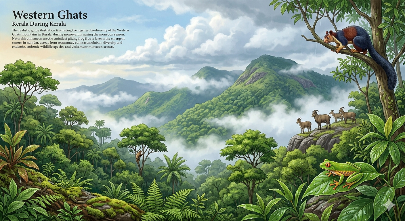 Western Ghats lush green mountains Kerala biodiversity monsoon mist realistic educational