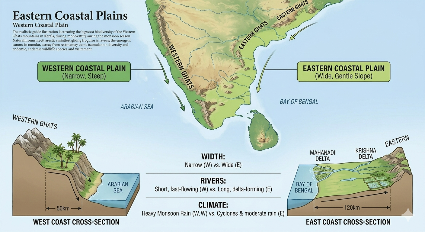 Eastern Western coastal plains India narrow wide comparison Arabian Sea Bay Bengal educational