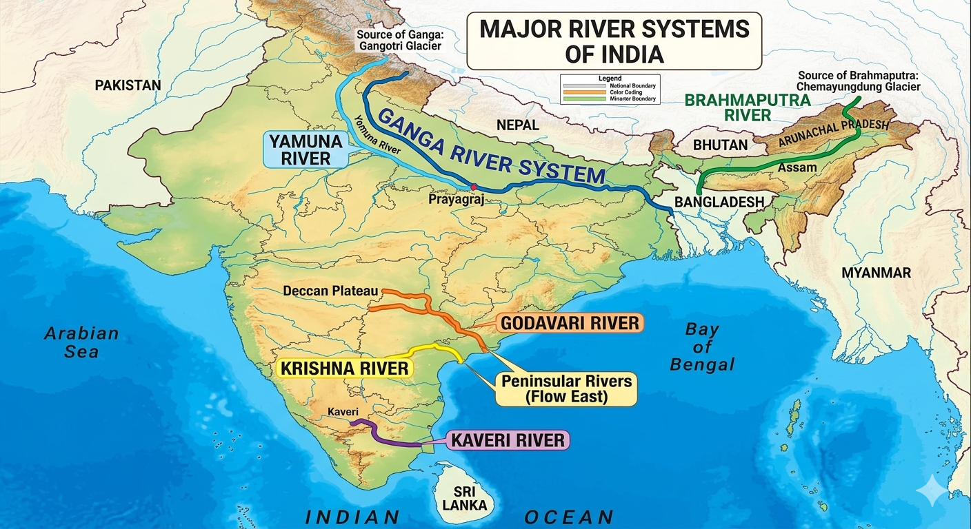 Major rivers India map Ganga Yamuna Brahmaputra Godavari Krishna Kaveri labeled colorful educational