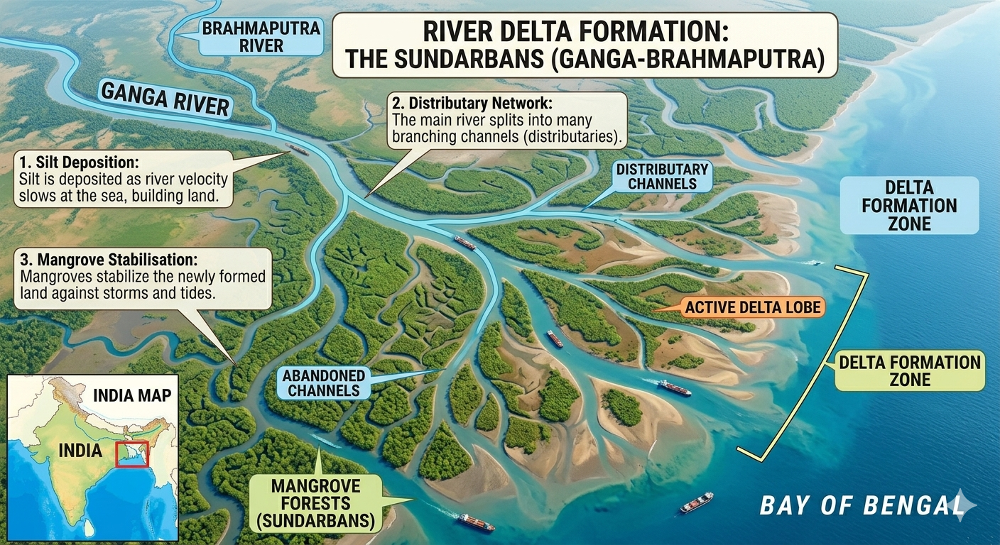 River delta formation distributaries Bay of Bengal India Ganga Sundarbans aerial educational
