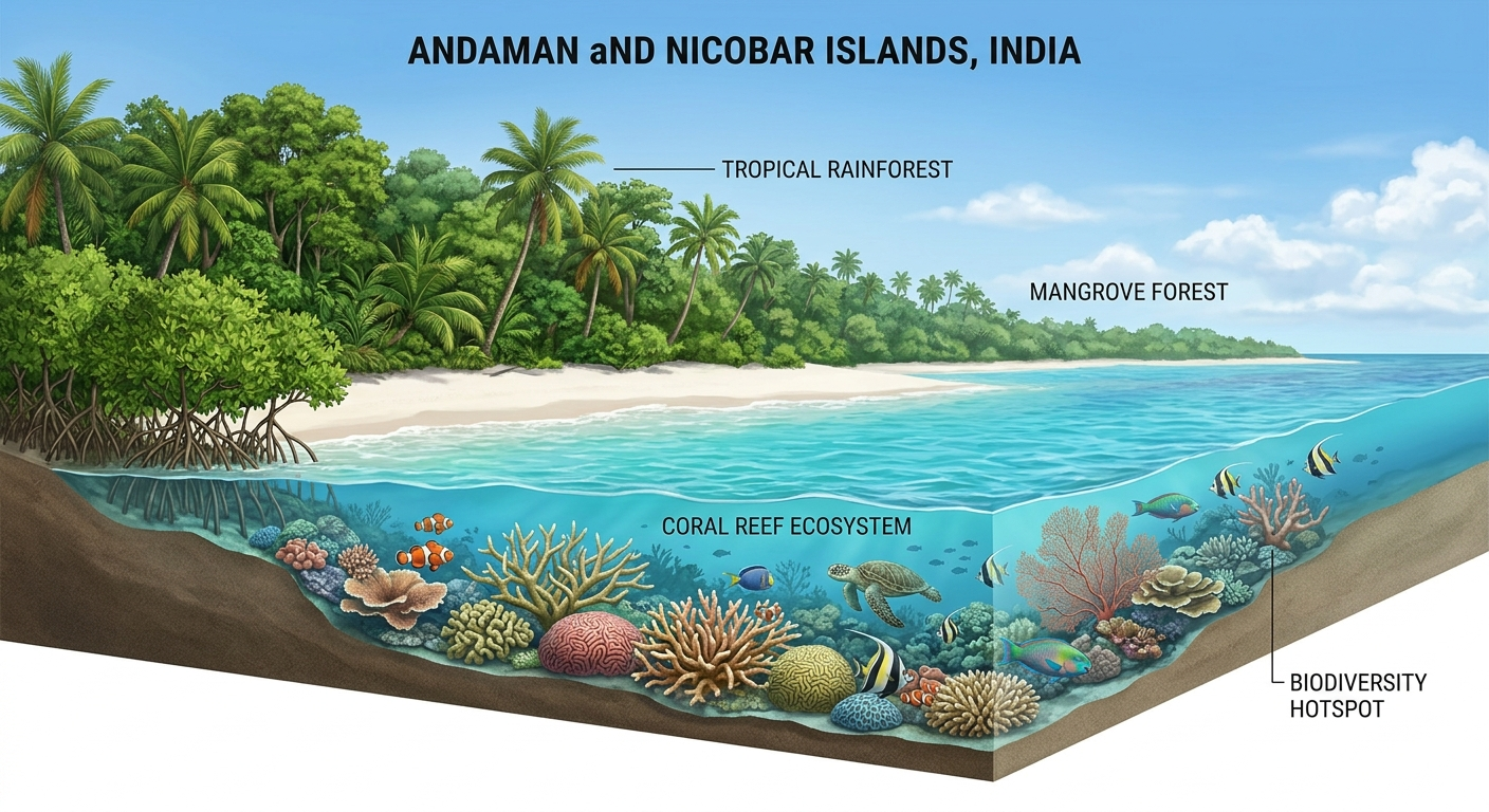 Andaman Nicobar Islands India tropical beach coral reef dense forest realistic educational