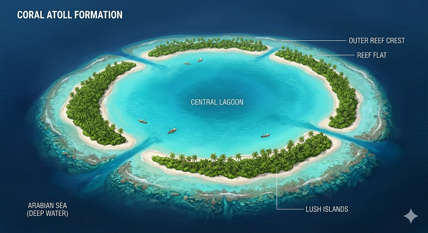 Lakshadweep Islands India coral atoll turquoise sea Arabian Sea aerial view educational
