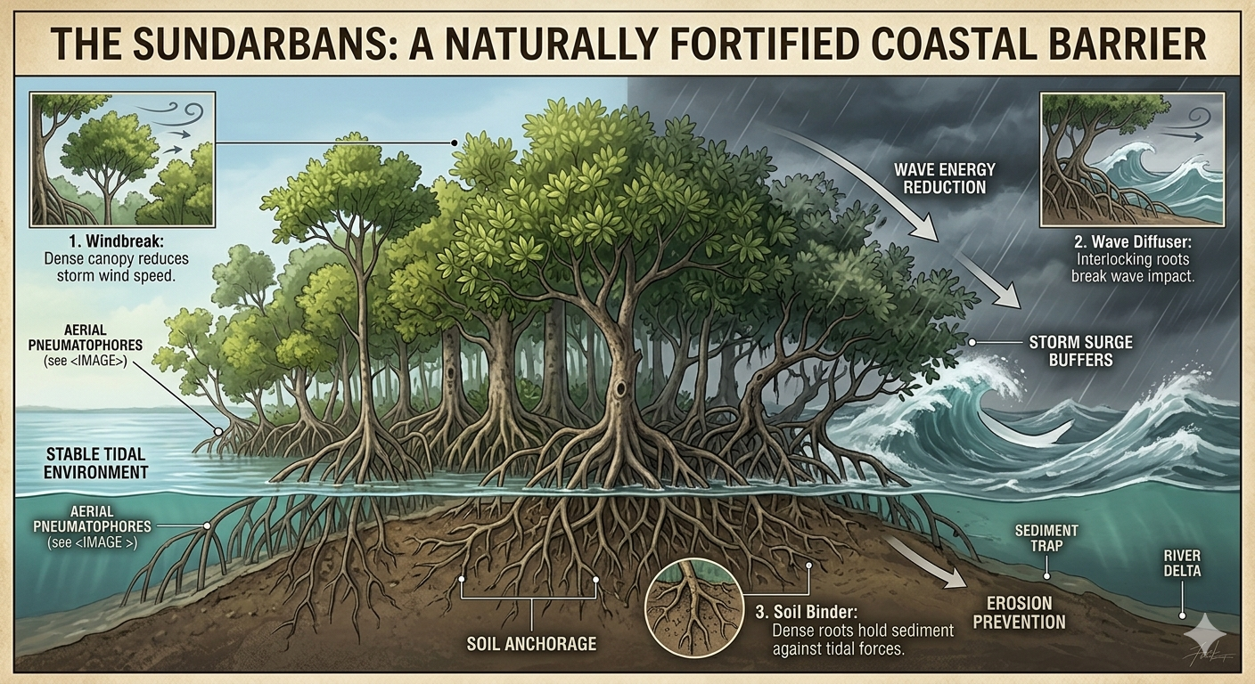Sundarbans mangrove trees roots river delta protection coastal storm barrier educational