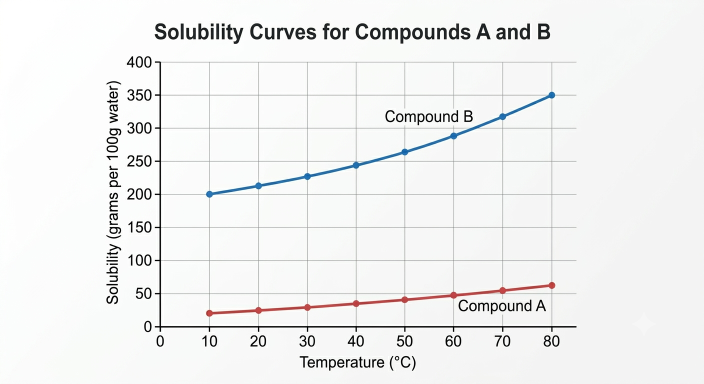 Solubility curve graph showing compound A and compound B solubility vs temperature