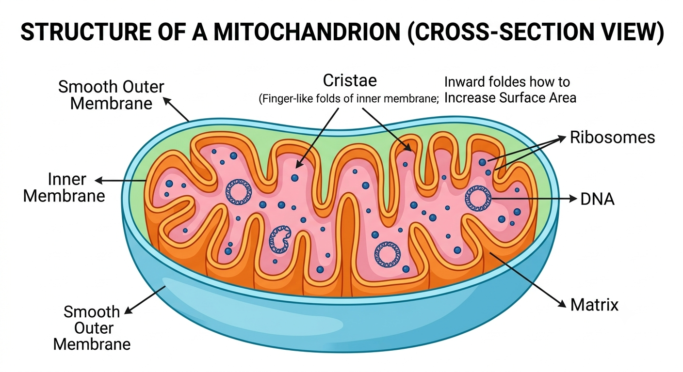 Structure of a mitochondrion showing outer membrane, inner membrane, cristae, intermembrane space, ribosomes and DNA