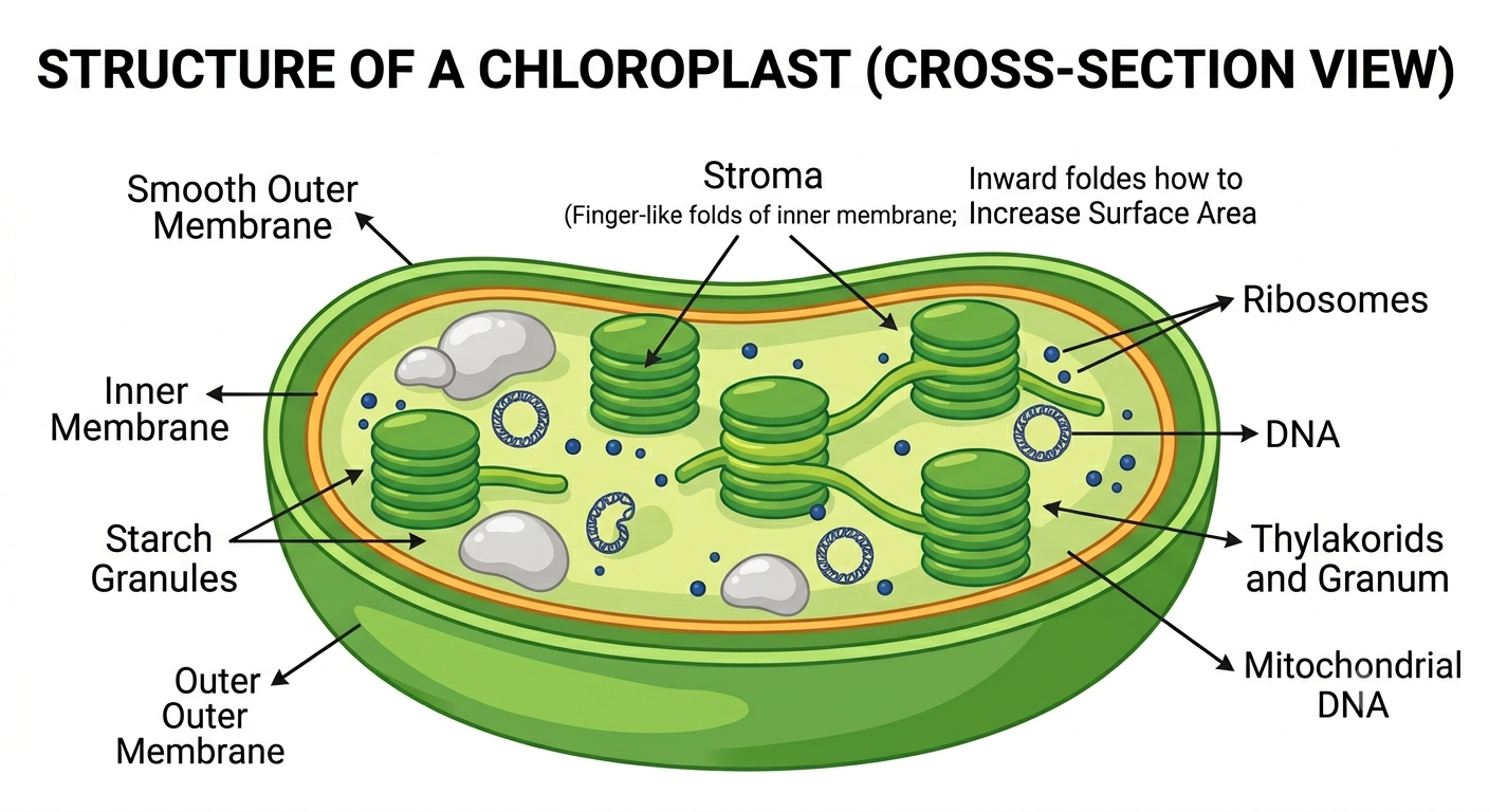 Structure of a chloroplast showing outer membrane, inner membrane, stroma, thylakoids, ribosomes and DNA