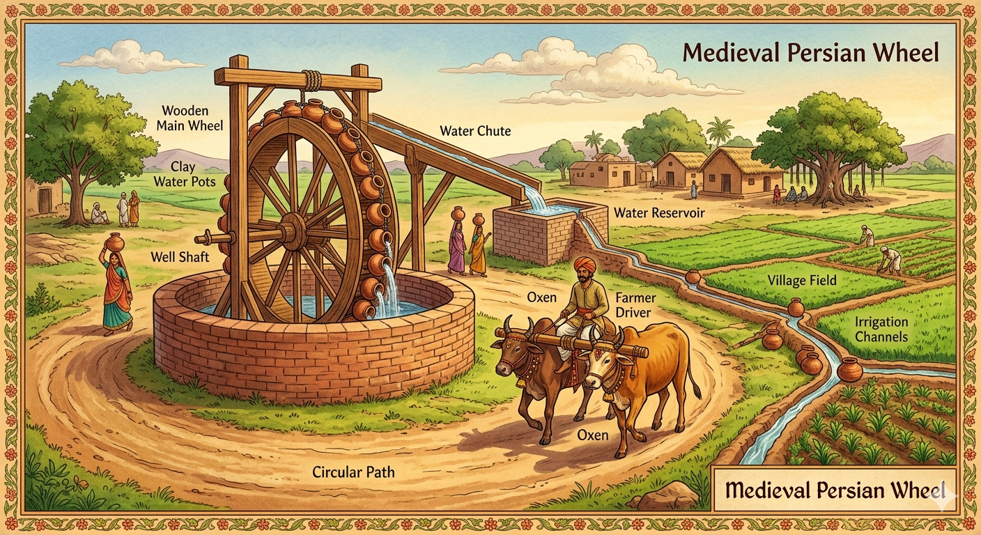 Persian wheel irrigation medieval India