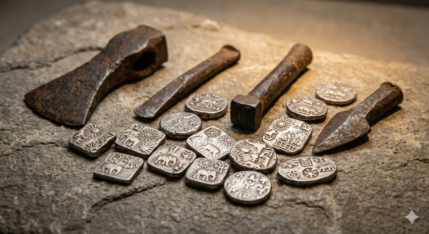 Ancient iron tools and punch-marked coins