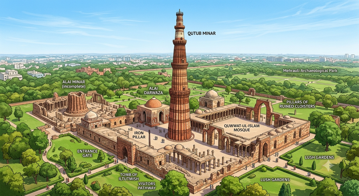 Aerial view Qutub Minar complex Delhi