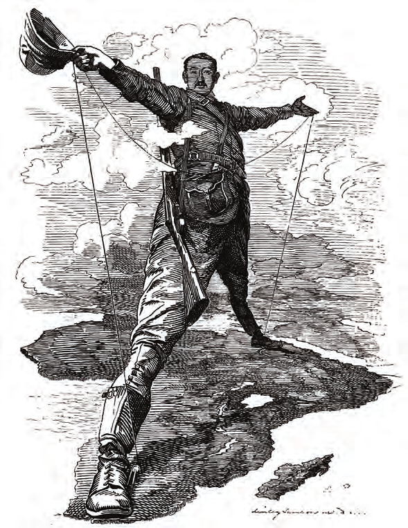 British magnate straddling Africa cartoon 1892 Cecil Rhodes