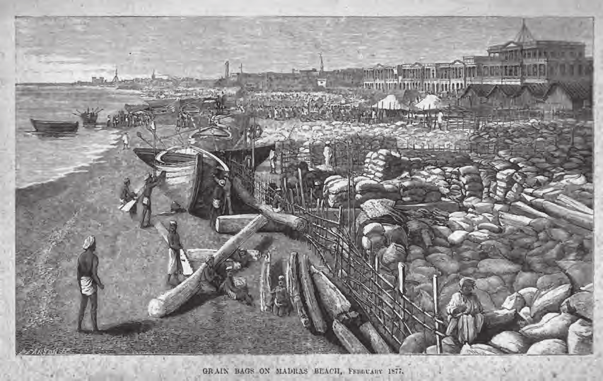 Grain bags on Madras beach during famine 1877