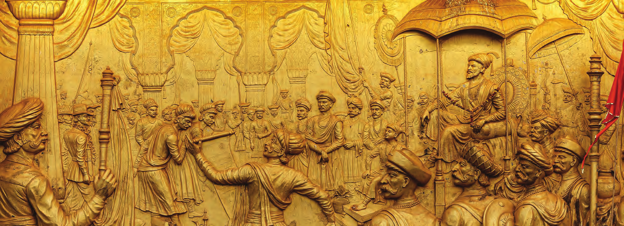 Court scene with Chhatrapati Shivaji on his throne receiving visitors