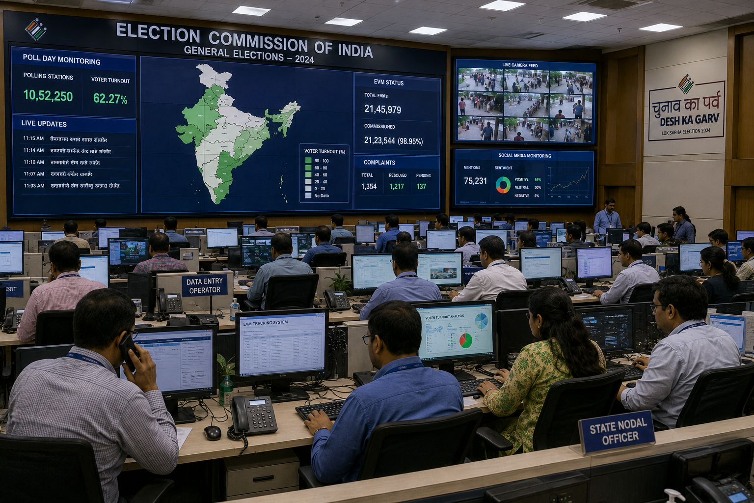 Election control room with officials at computer screens monitoring elections