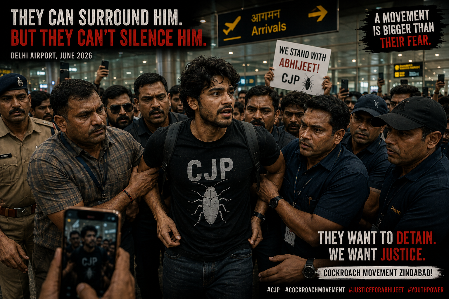 Abhijeet Dipke surrounded by police airport India CJP 2026