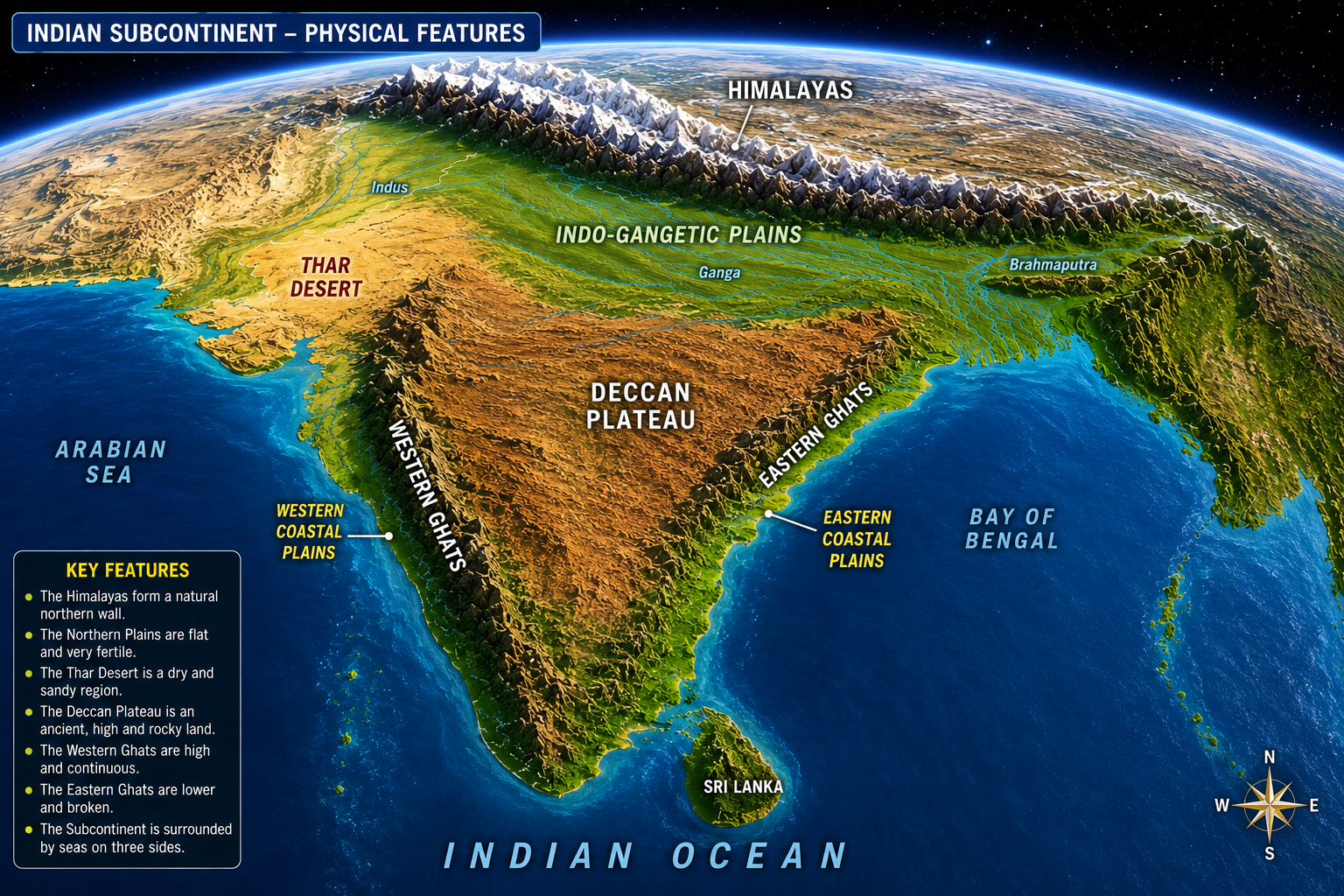 India physical map satellite view from space showing all geographical regions