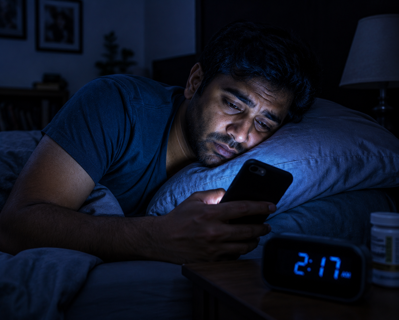 Indian person late night mobile phone screen dark bedroom blue light morning fatigue