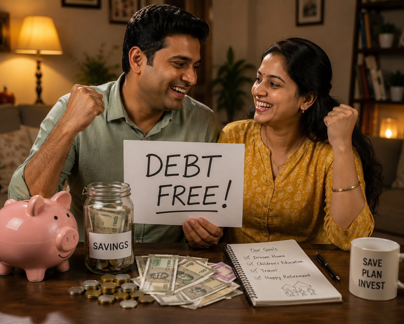 Happy Indian family debt free financial freedom celebration savings