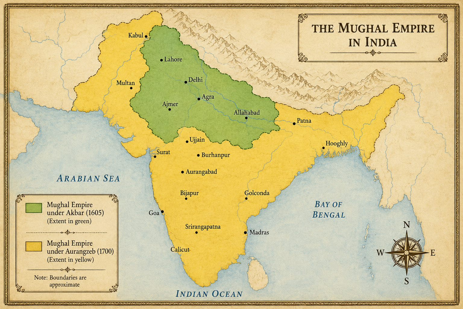 Mughal Empire map Akbar Aurangzeb