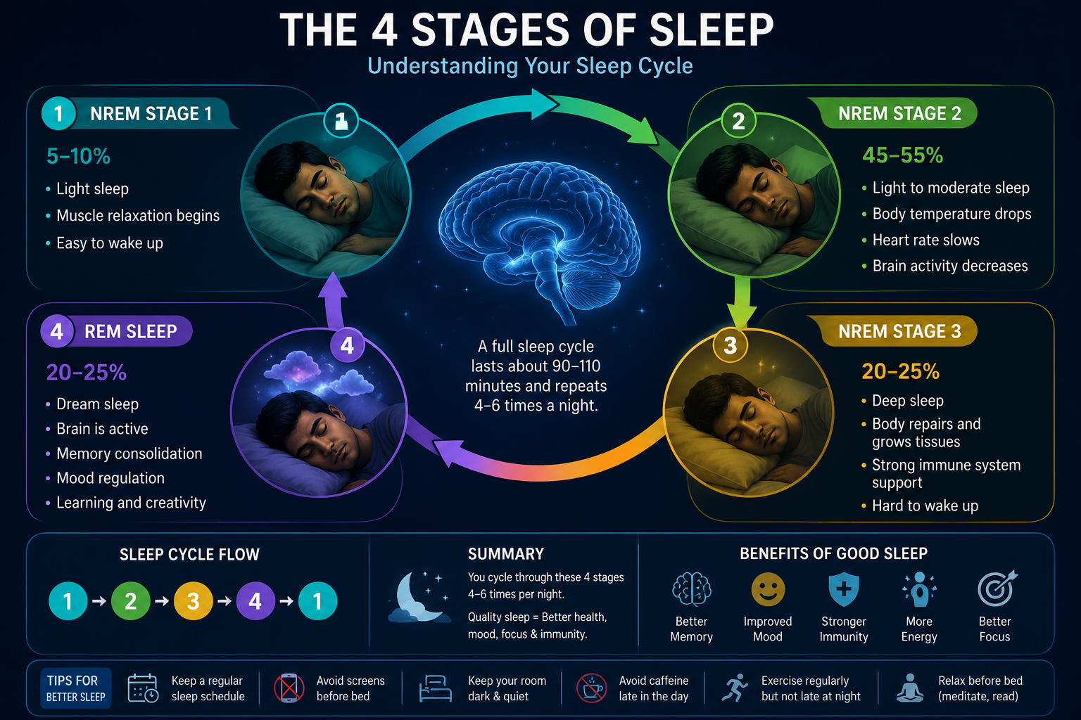 Deep sleep stages REM cycle four stages brain restoration morning fatigue