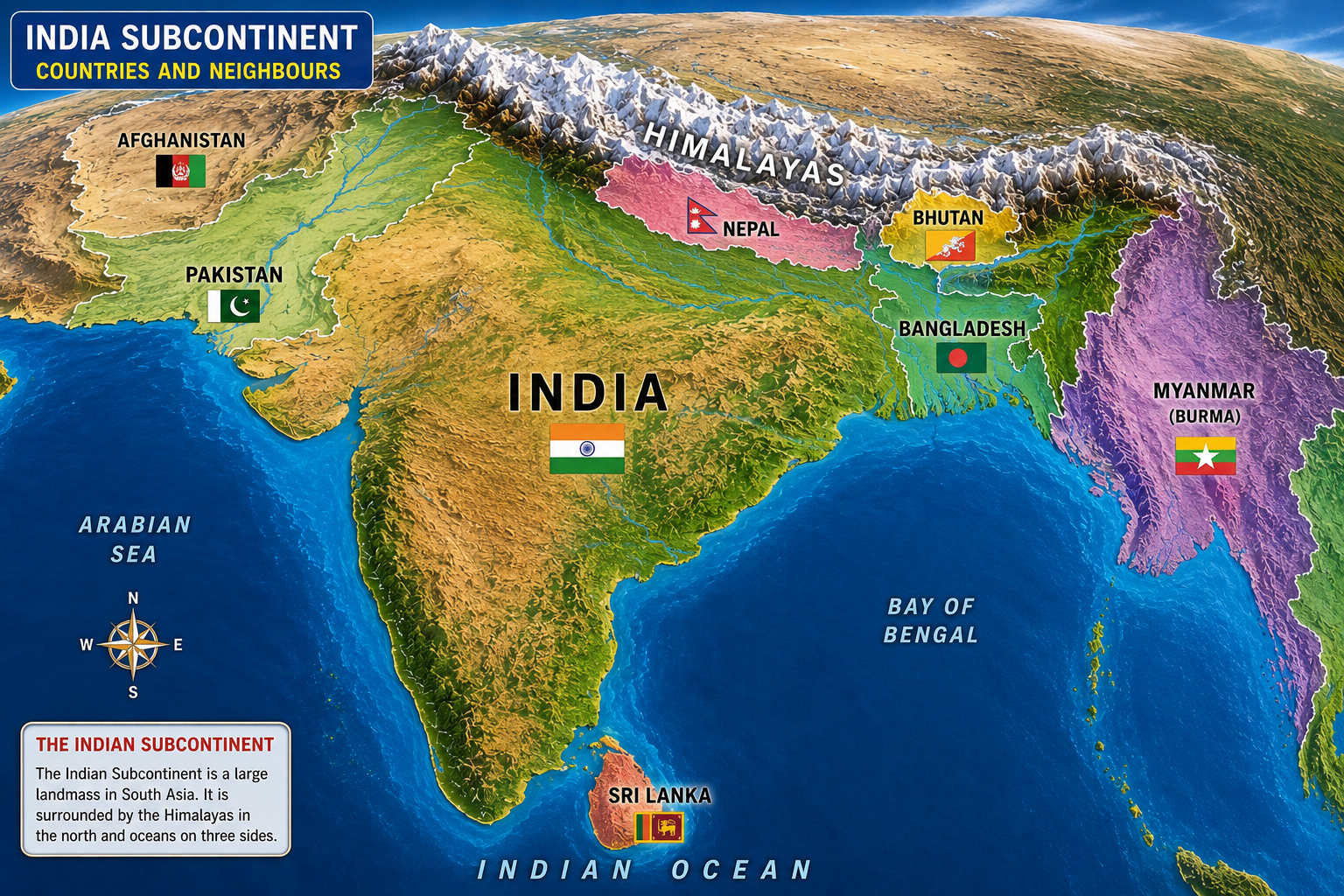 India five geographical regions color coded map educational diagram