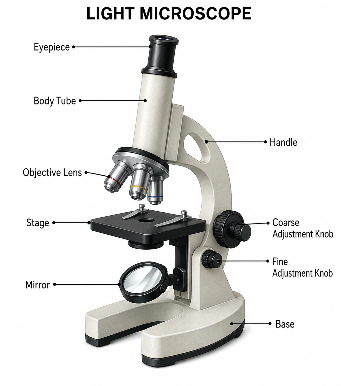 Structure of a light microscope with labelled parts