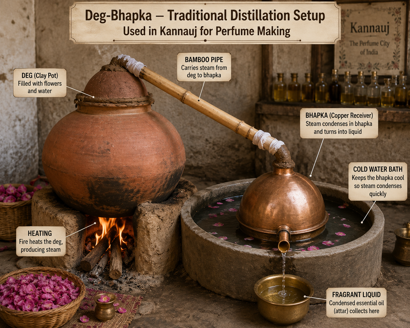 Deg-Bhapka traditional distillation method for perfume making in Kannauj Uttar Pradesh