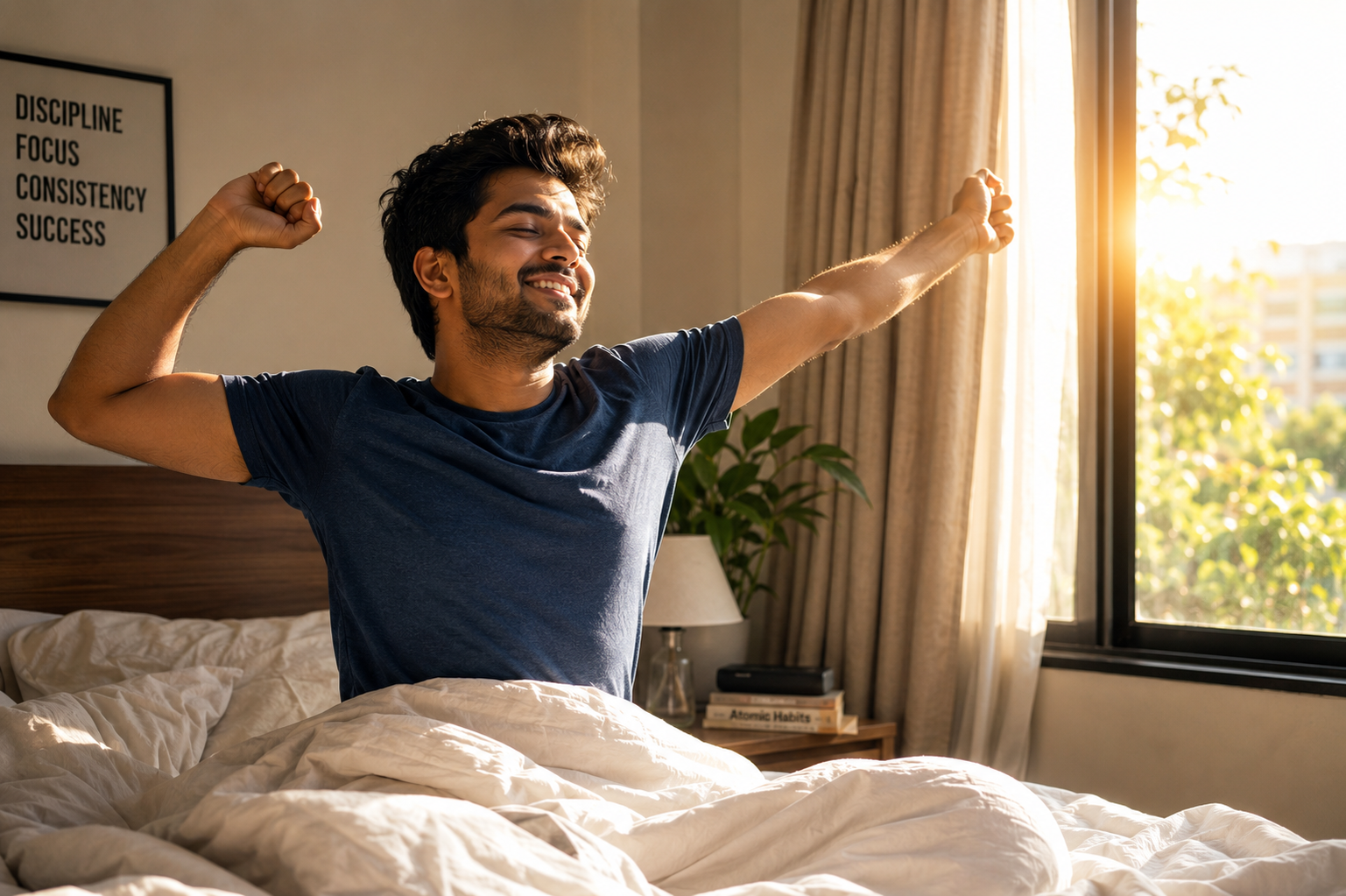 Indian person morning sunlight fresh energy happy refreshed bedroom window