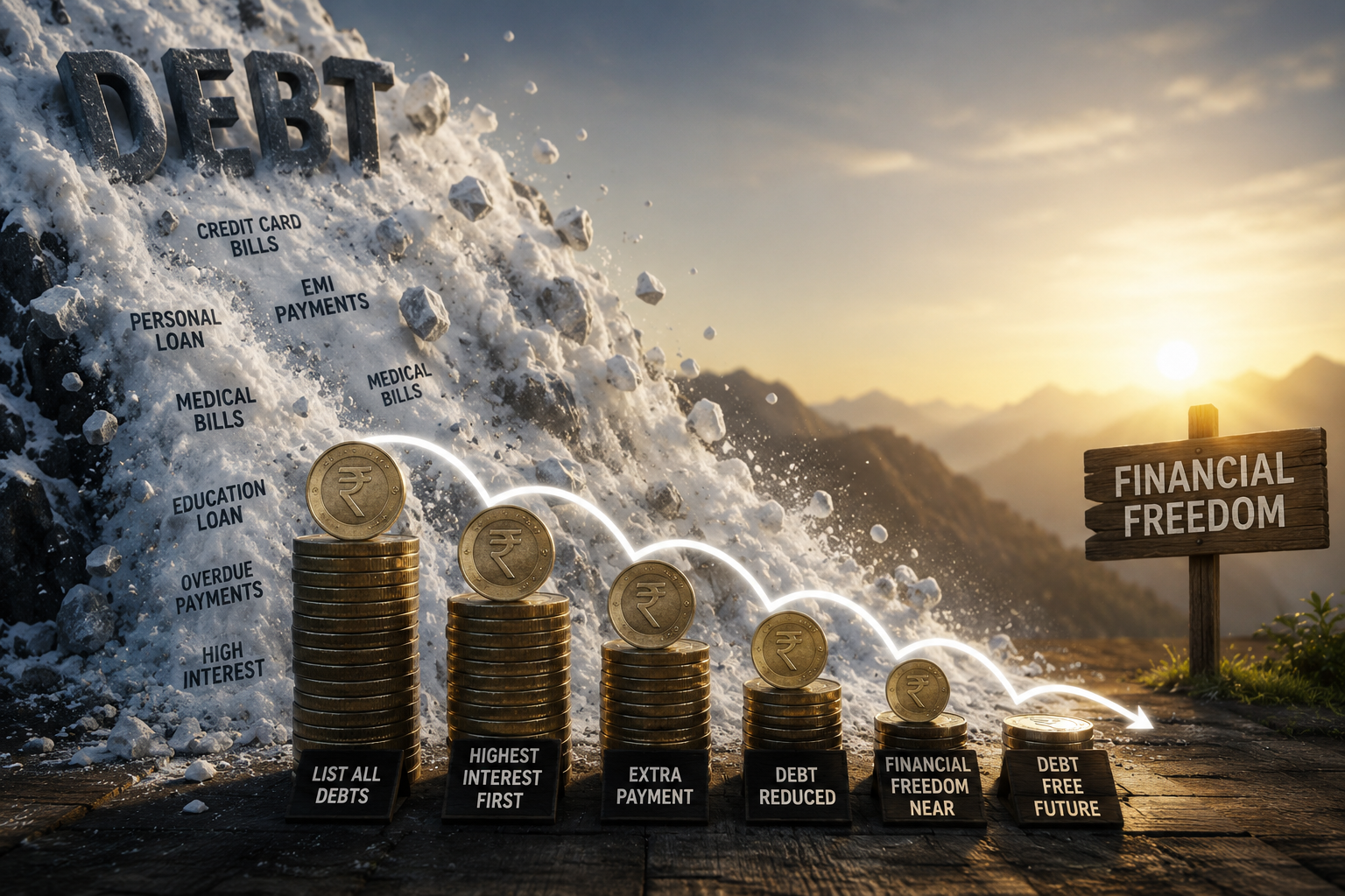 Debt clearance avalanche snowball method rupee coins stacked India