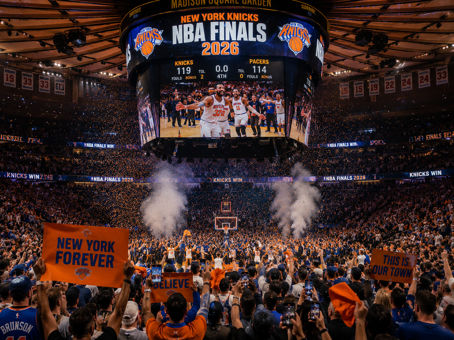 New York Knicks NBA Finals 2026 Madison Square Garden crowd orange blue celebration