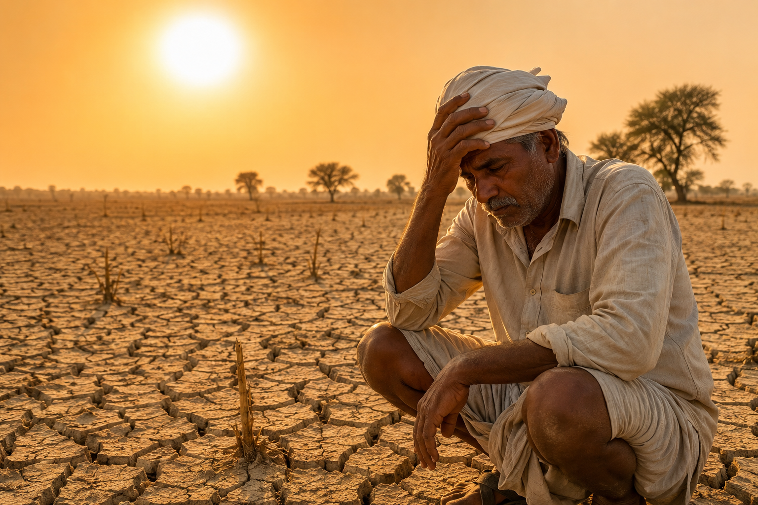 India heatwave scorching sun cracked earth farmer climate change crisis 2026