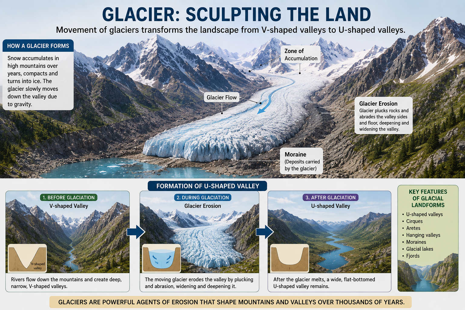 Mountain glacier moving through a valley