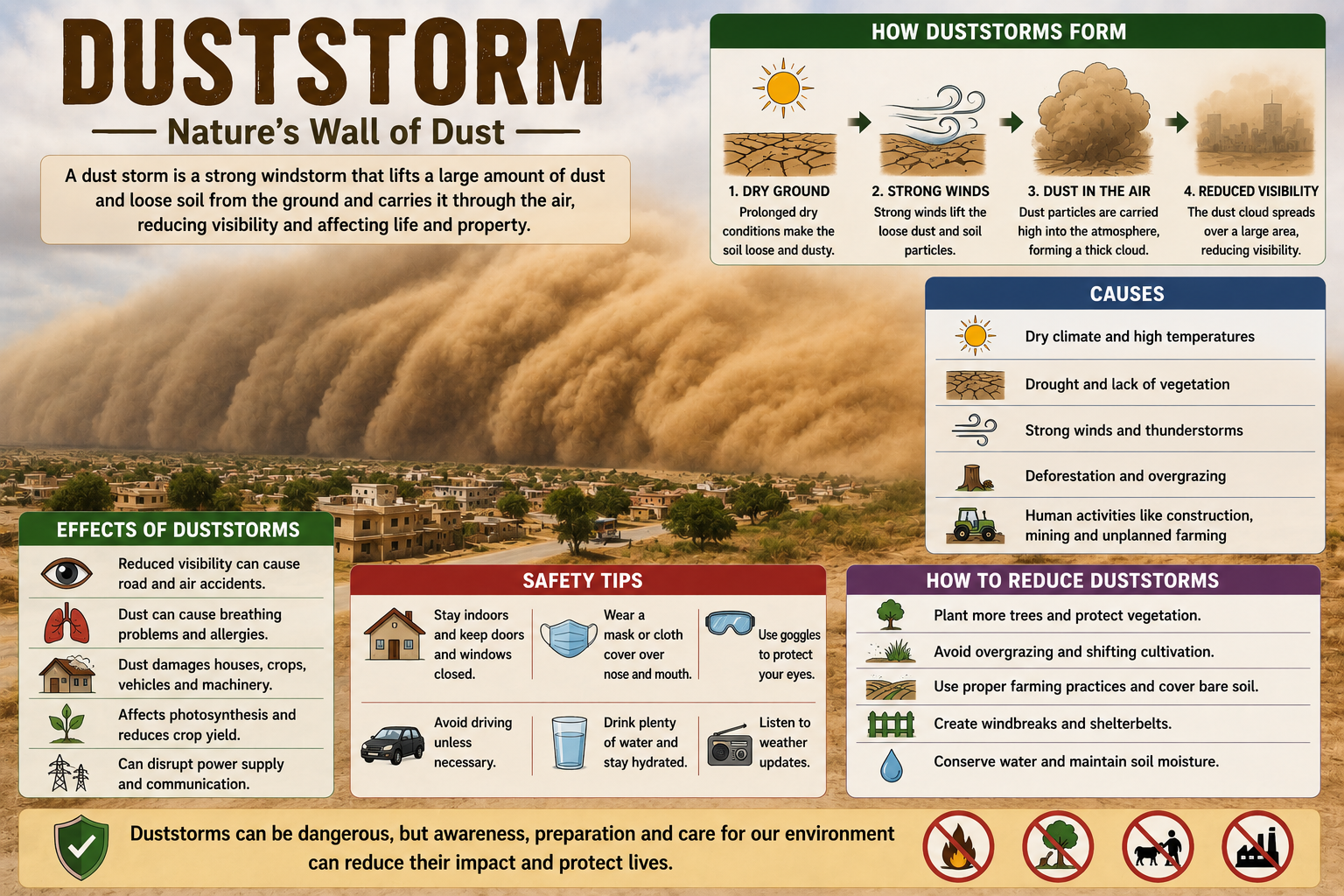 Massive dust storm approaching a town in desert region