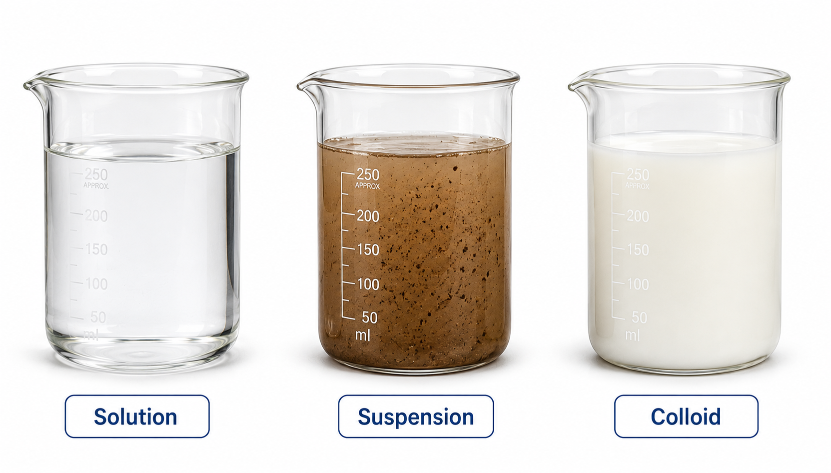 Three beakers showing solution suspension and colloid — clear transparent, brown muddy, white opaque