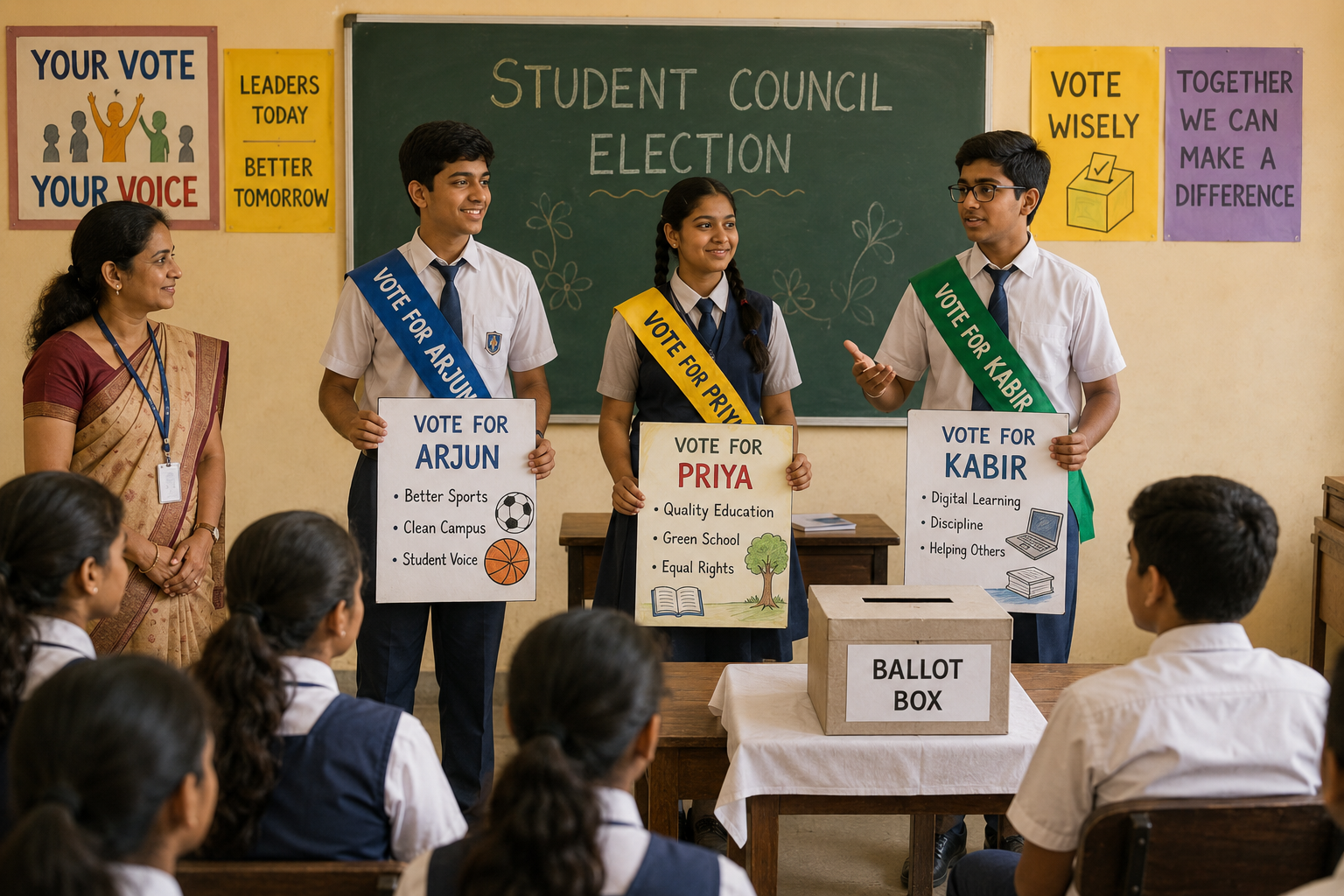 Three student candidates in a classroom election with teacher supervising and a ballot box