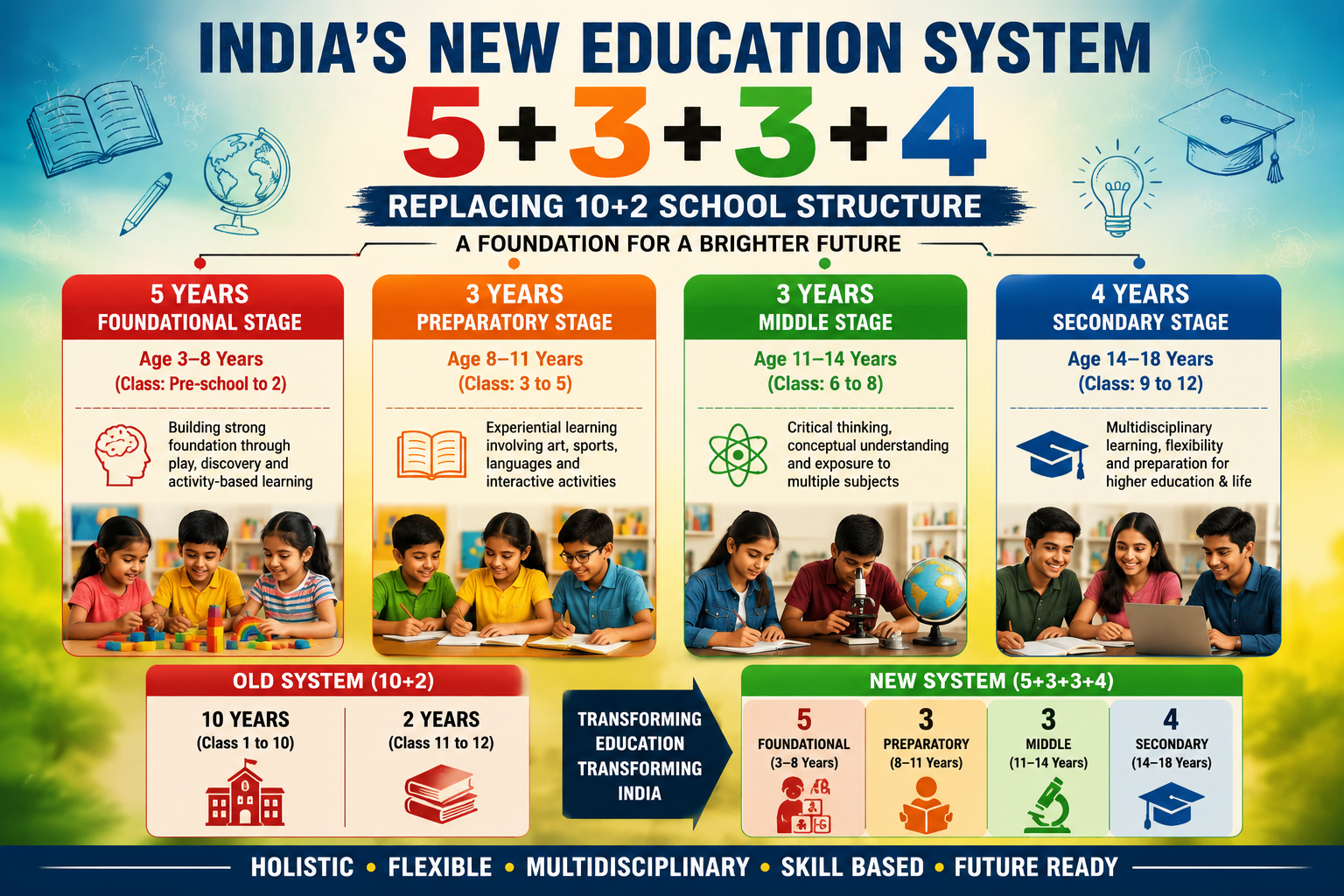 NEP 2020 5+3+3+4 new education structure replacing 10+2 India