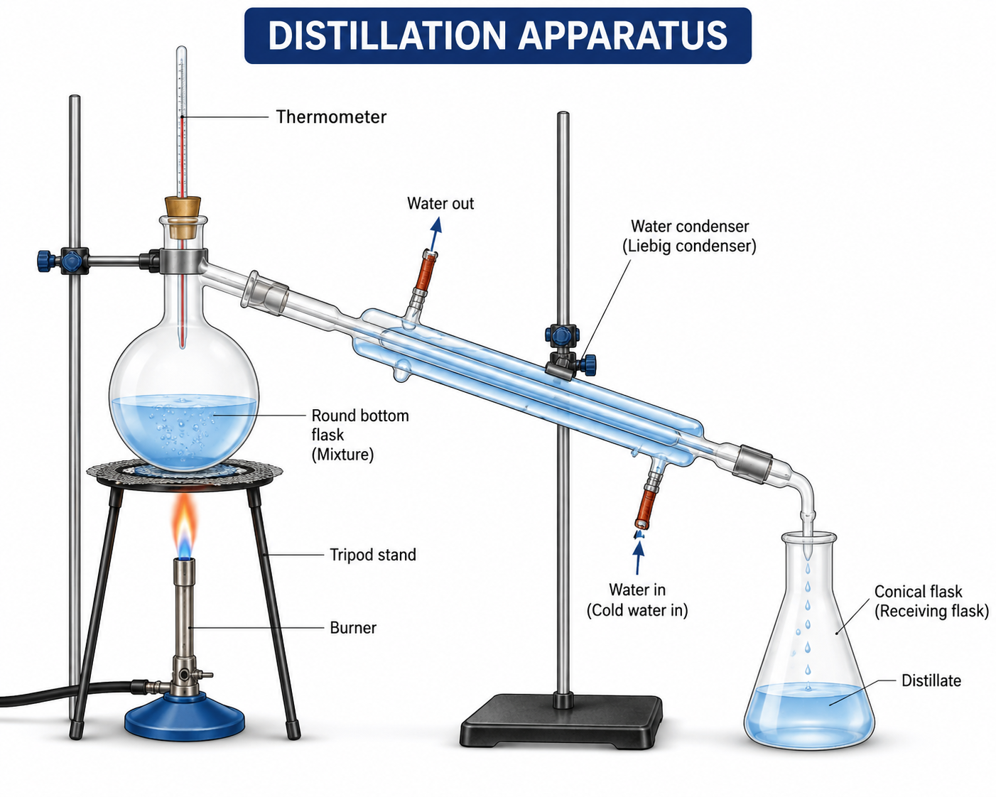 Distillation apparatus — round bottom flask thermometer water condenser and conical flask collecting distillate