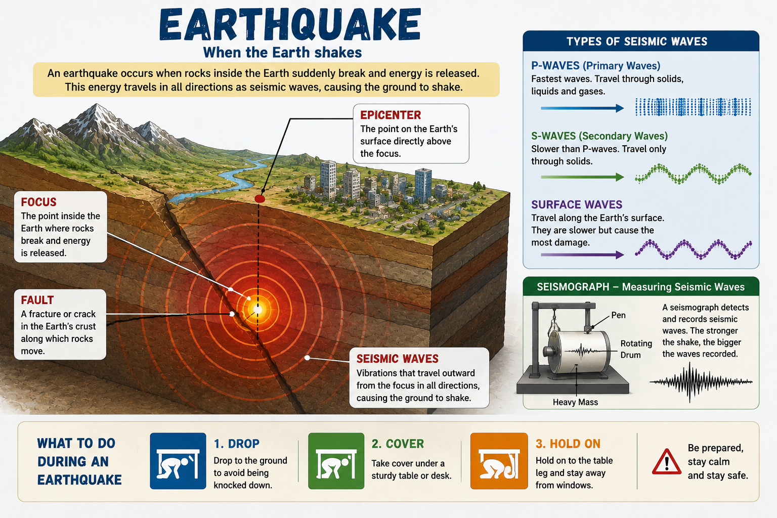 Earthquake epicenter focus seismic waves diagram