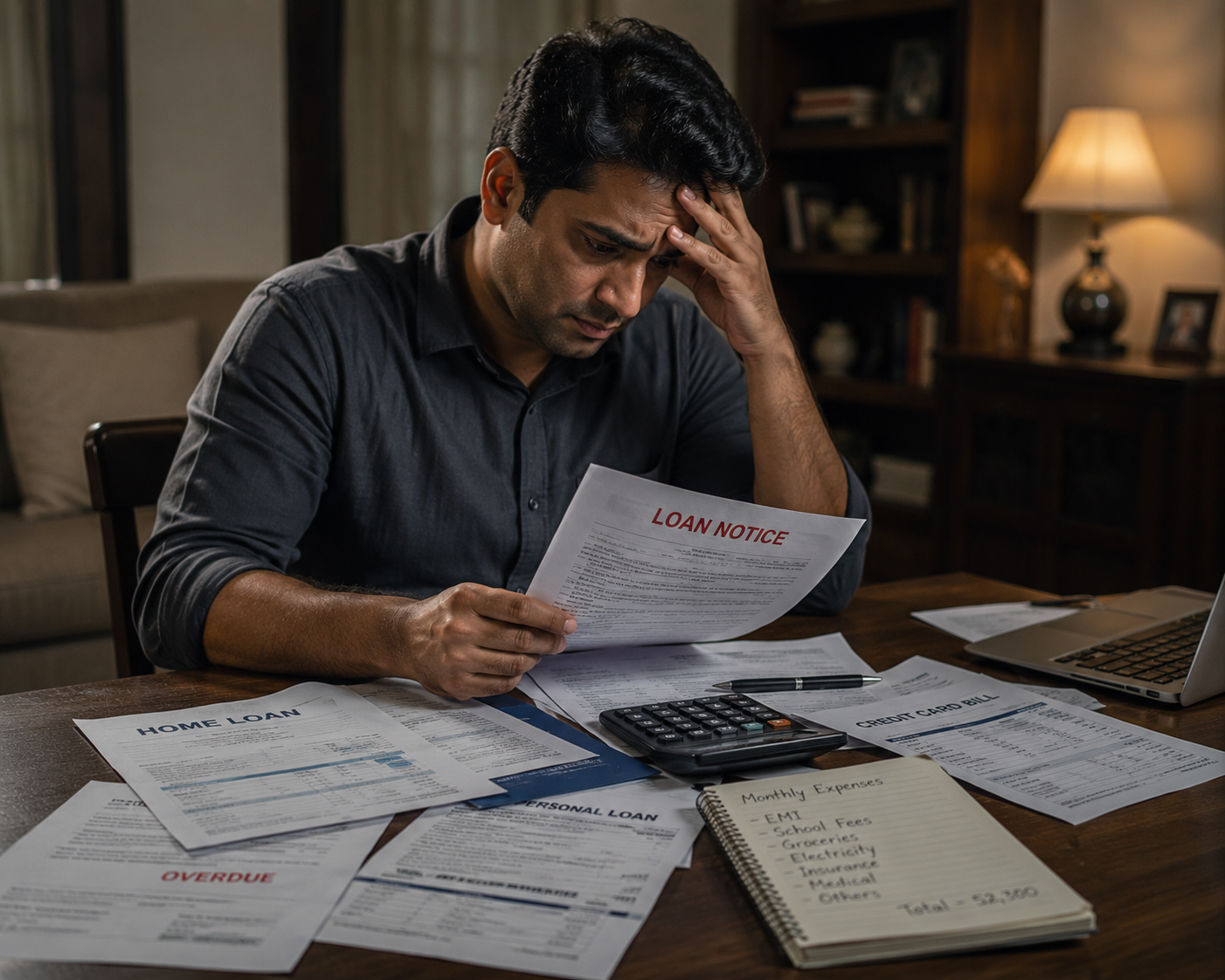 Stressed Indian man surrounded by loan papers debt clearance planning