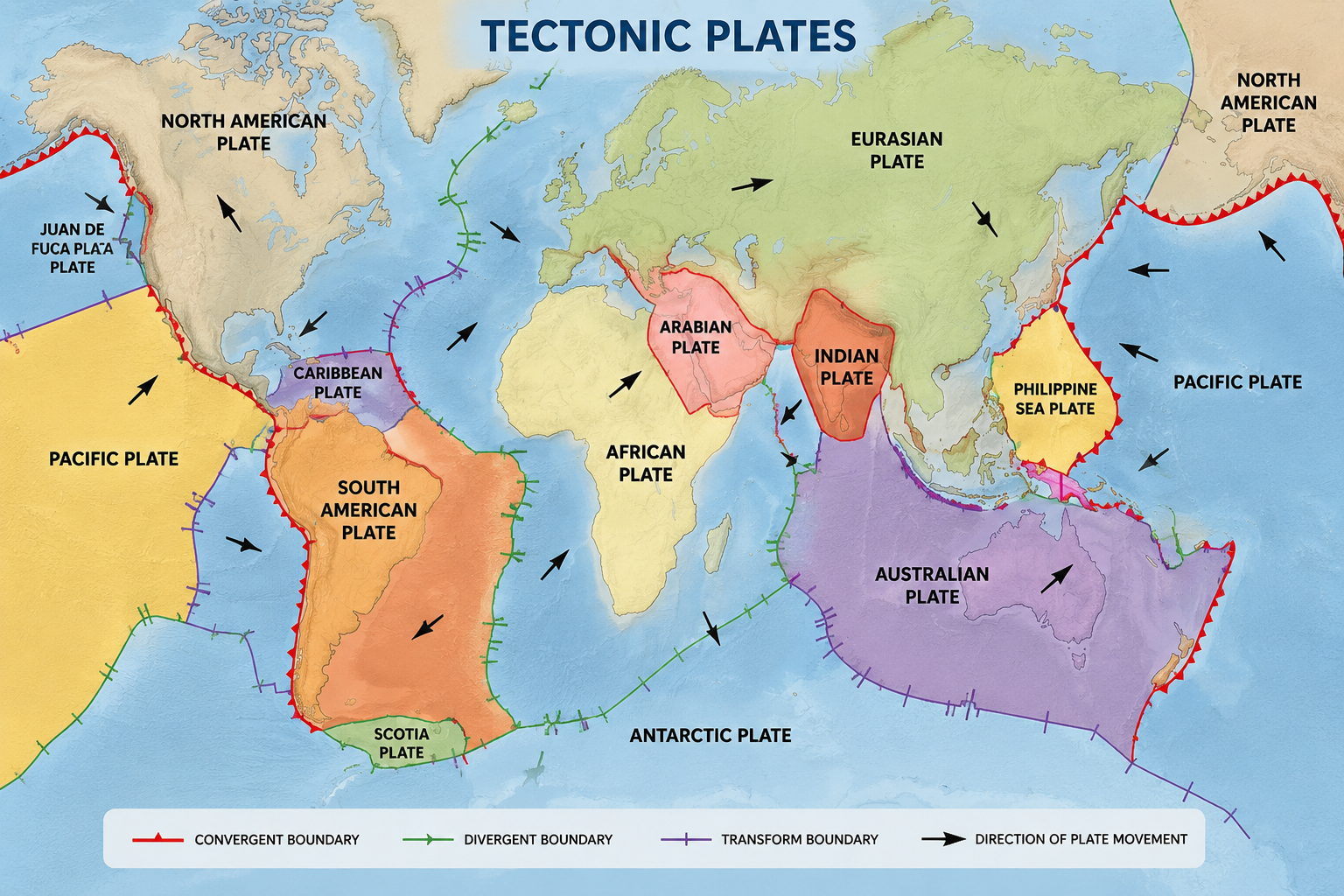 World map showing major tectonic plates
