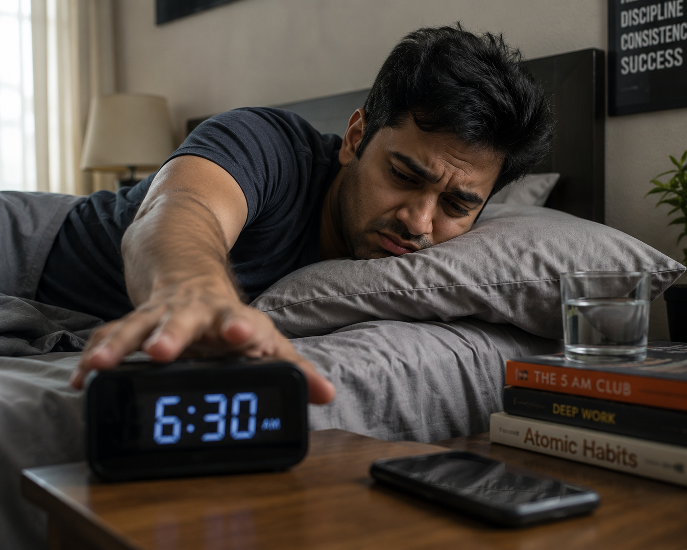 Tired Indian man waking up exhausted morning alarm fatigue