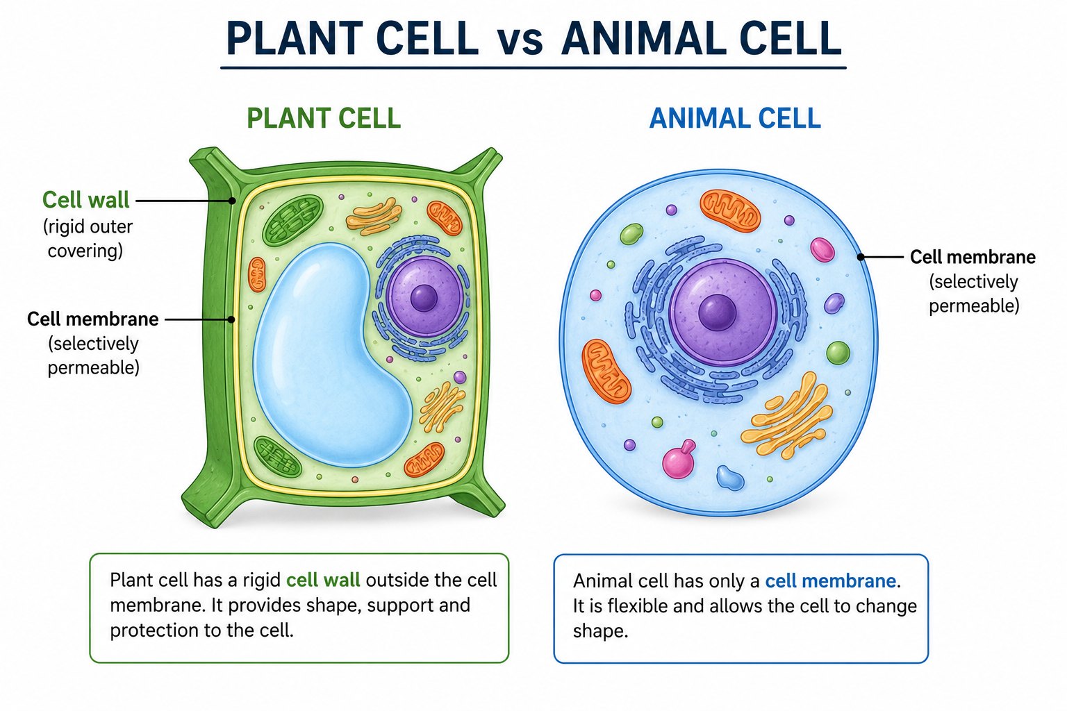 Comparison of plant cell with cell wall and animal cell without cell wall