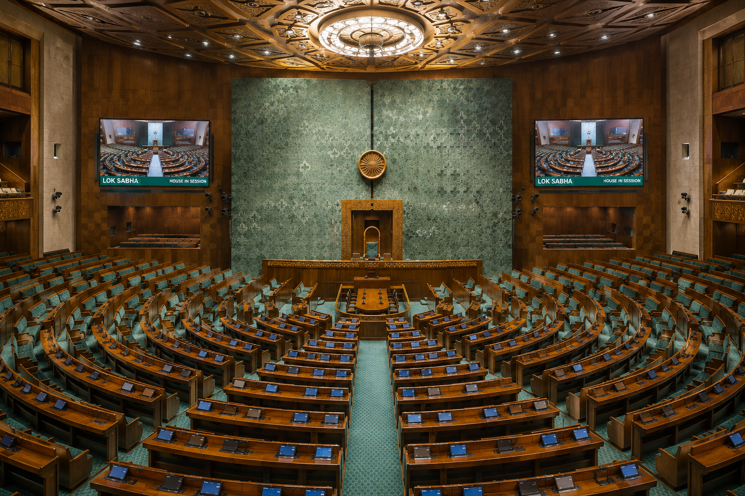 Indian Parliament Lok Sabha chamber interior with rows of seats