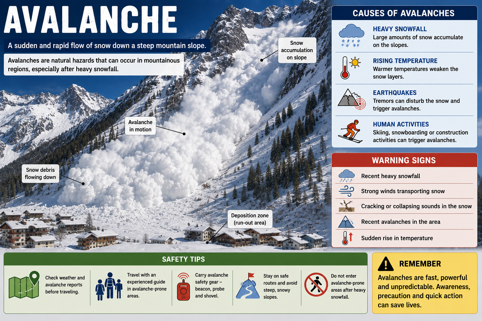 Snow avalanche rushing down a steep mountain slope