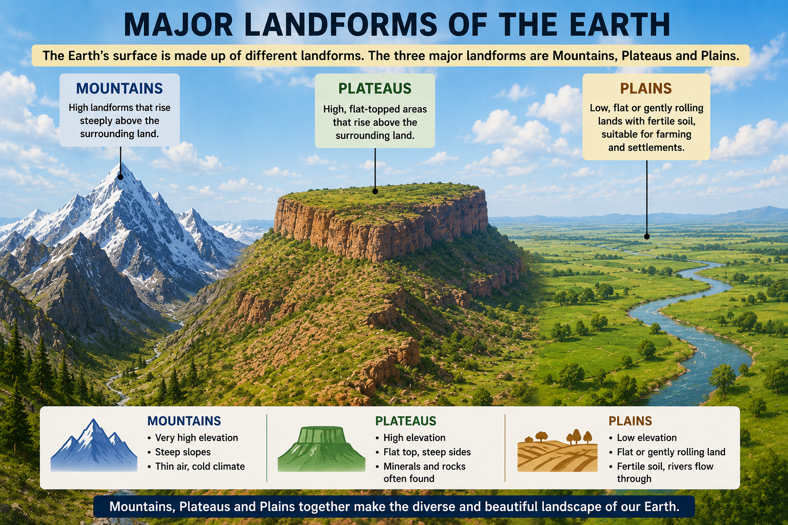 Major landforms of the Earth mountains plateaus plains